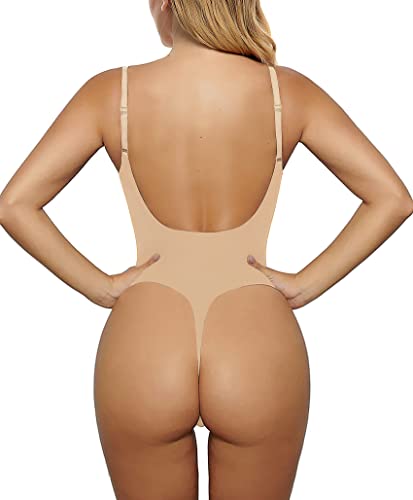 Shaperx Low Back Bodysuit For Women Tummy Control Shapewear Seamless Sculpting Body Shaper Thong Tank Top,Sz5266-Beige-Xxs/Xs #TOP1