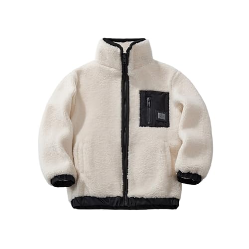 Kids Winter Coat, Sherpa Fleece Jacket with Stand Collar & Zipper, Color Block Outwear for Boys Girls (90-180cm)(White,160CM)