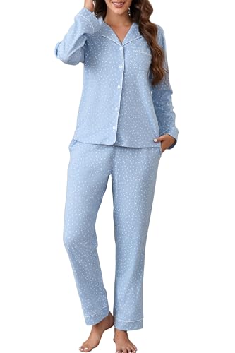 Image of LUBOT 100% Cotton Pajamas for Women Pajama Set Soft 2 Piece Sleepwear PJ Set Long Sleeve Knit Button Cozy Loungewear XS-XXL