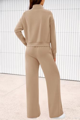 PRETTYGARDEN Women's 2 Piece Outfits Spring Sweatsuits Zip Up Sweatshirt Wide Leg Sweatpants Casual Tracksuit Lounge Sets(Khaki,Small) — view 5