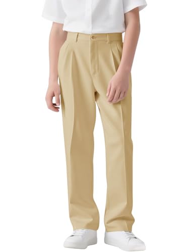 Haloumoning Boys Dress Pants Kids High Waisted Wide Leg Uniform Pants Casual Trousers with Pockets 5-14 Years Khaki