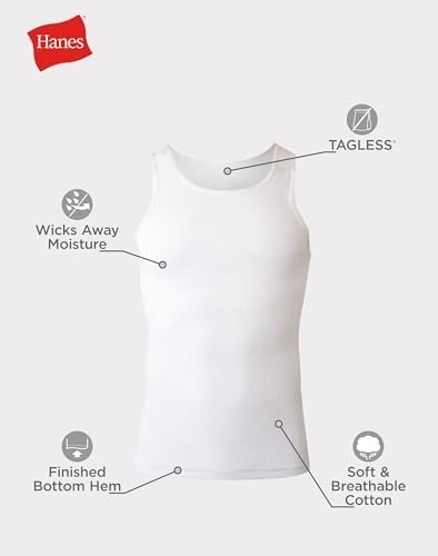 Hanes Men's Tank Top Undershirt Pack, Moisture-Wicking Cotton Ribbed Tanks for Men, Multi-Pack, White or Black/Gray - White - 6 Pack 3XL — view 6