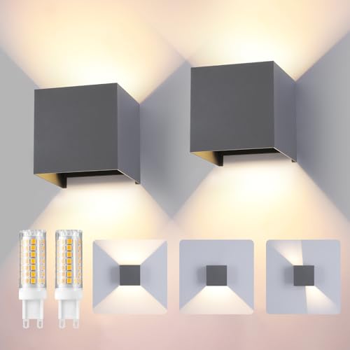 Mille Lucciole 2 PCS Aplique Pared LED Con G9 LED Bombillas Reemplazables,IP65 Impermeable Lampara de Pared Interior/Exterior,Blanco Cálido 3000K Apliques de Exterior Gris Oscuro