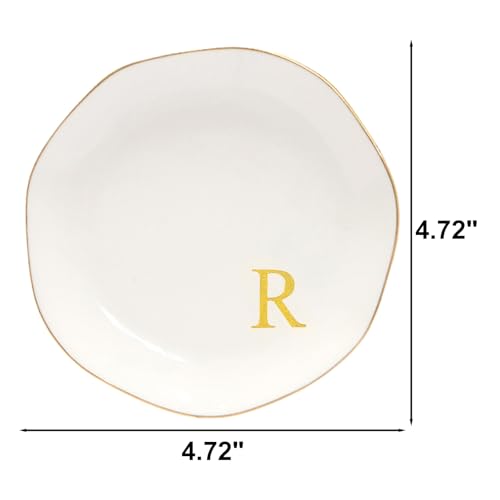 Image of Ceramic Jewelry Tray Initial Ring Dish Personalized R-Monogrammed Engagement Wedding Gifts, for Birthday Mother's Day Christmas for Women, Ceramic White 4.75 inch (R)