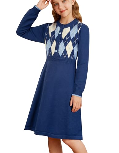 GRACE KARIN Girls Argyle Knit Sweater Dress Long Sleeve Fall Winter Christmas Dresses 6-14​Y