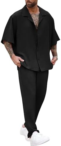 LecGee Men Summer Casual Short Sleeve Pant Sets Solid Button Down...