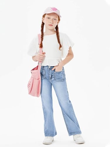 Haloumoning Girls High Waisted Jeans Straight Leg Stretch Demin Pants Cute Casual Trousers with Pockets4