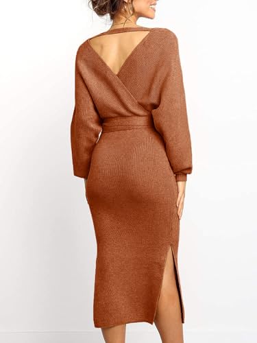 Image of Chang Yun Women's Long Maxi Sweater Dresses Sexy Wrap Batwing V Neck Slit Open Back Holiday Bodycon Dress with Belt