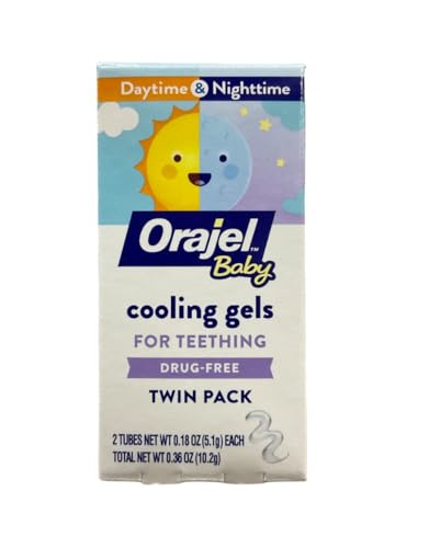 Orajel Baby Stage 1, Ages 0+ Daytime & Nighttime Cooling Gels for Teething, Drug-Free, No Benzocaine, Belladonna, or Dyes, Travel Size Twin Pack, 2 Tubes, 0.18...