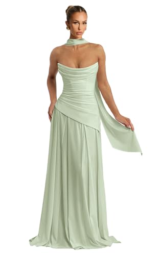 INEWER Chiffon Corset Long Prom Dresses for Wedding Guest Sage