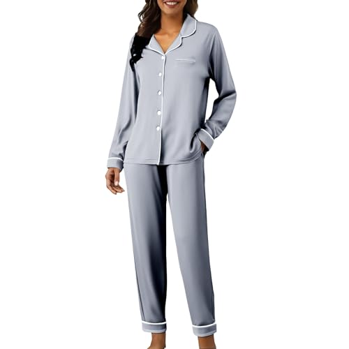 Generisch Damenschlafanzug, Herbst Schlafanzug, Satin Schlafanzüge Langarm Pyjamas Set Mit Knopfleiste Zweiteiliger Nachtwäsche V-Ausschnitt...