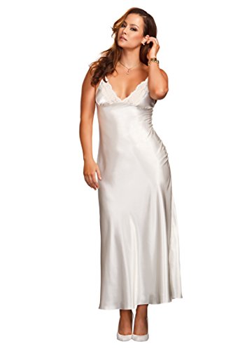 iCollection Women's Plus-Size Long Lace Trimmed Satin Gown, 1X Plus, White