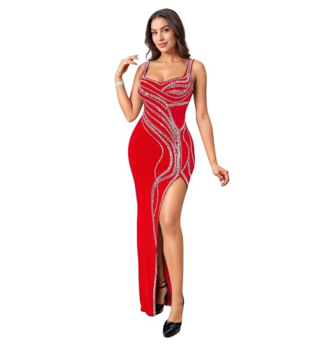 Image of PORRCEY Women's Sexy Rhinestone Lace Sheer Mesh Formal Evening Dress
