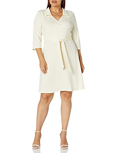 Star Vixen Women's Plus-Size 3/4 Sleeve Faux Wrap Dress With Collar, Ivory, 3X #TOP29