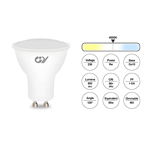 Características técnicas de la bombilla GU10 GY: 8W, 800 lúmenes, 4000K, 120°
