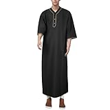 DENCTORAM Mens Kaftan Thobe V-Neck Half Sleeve Muslim Robe Dubai Long Gown Saudi Arab Thobe Robes for Summer Beach