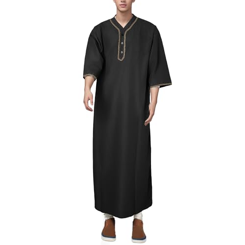 Mens Kaftan Thobe V-Neck Half Sleeve Muslim Robe Dubai Long Gown Saudi Arab Thobe Robes for Summer Beach