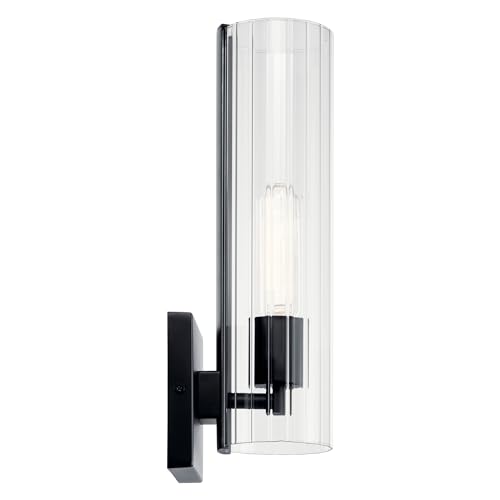 Image of Kichler Jemsa 1 Light Wall Sconce, Modern Light with Clear Fluted Glass in Black for Bathroom, Powder Room, Sides of Fireplace, Down a Hallway, Kitchen, or Bedroom (14 inch x 4.75 inch), 55165BK