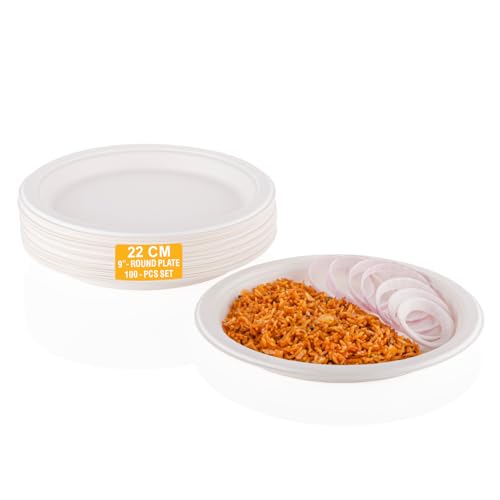 Image of Clazkit 9 Inch Round (100 Pc) Bagasse, Bamboo Plates Like Party Pack Biodegradable Eco Friendly Alternative to Plate Paper Plate