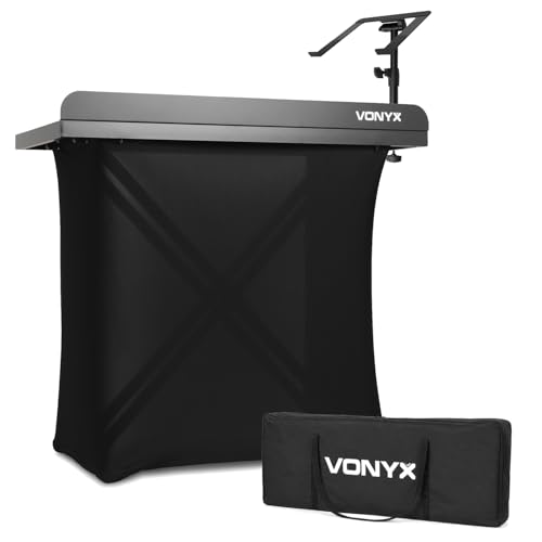 Vonyx DBE100 compact mobile DJ booth package with free carry bag and integrated laptop stand a portable DJ stand solution for mobile gigs parties weddings and professional events