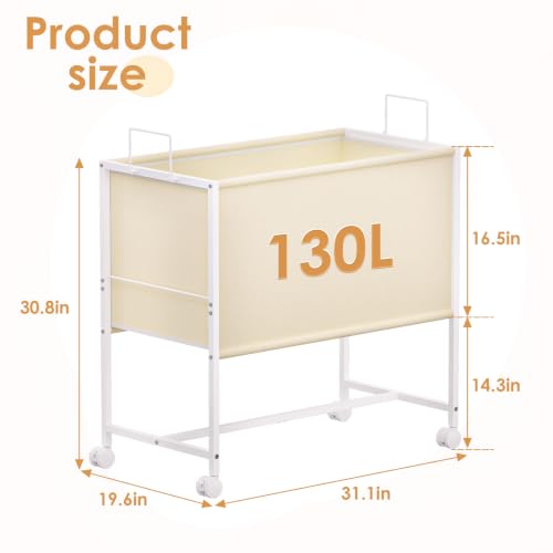 Image of Rolling Laundry Basket with Wheels,Large Capacity Laundry Basket Cart | 130L Fabric Clothes Hamper Organizer Cart for Laundry Room Bedroom Bathroom Dorm,White