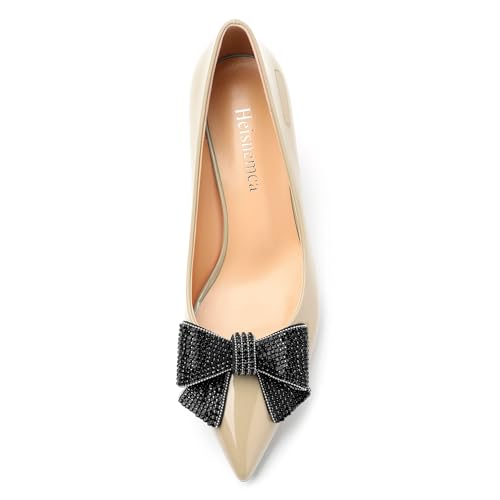 Image of Heels for Women Closed Patent Pointed Toe Bow Pumps Slip on Kitten Low Heels Wedding Party Dress Office Shoes 2.5Inch