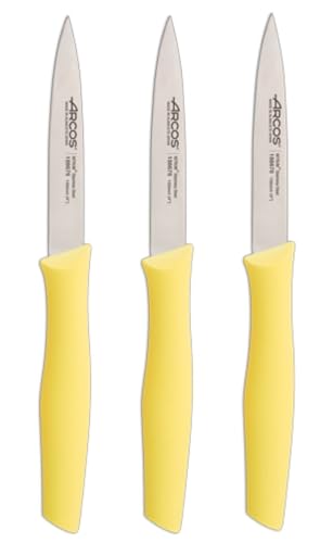 Arcos | Set 3 Cuchillos Mondadores | Cuchillos Arcos | cuchillo de pelar | cuchillos pelar patatas | Acero Inoxidable Nitrum | Hoja de 100 mm | Envase Ecológico | Color amarillo