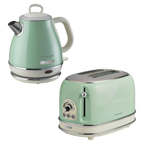 Ariete Vintage 1L Jug Kettle & 2 Slice Toaster Blue Set, 1600 Watts, Cold handle, Steel Walled Kettle, 360° Swivel Base, Auto Shut Off, Auto Eject, Removable Crumb Tray, 6 Brown Levels, Defrost, Green