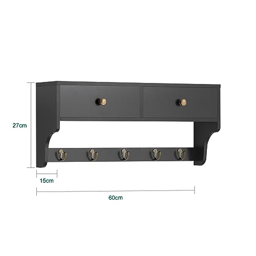 SoBuy FRG178-SCH Estantería Moderna de Pared Perchero de Pared para Entrada con 5 Ganchos y 2 cajones 60 x 15 x 27 cm Negro ES - imagen 3