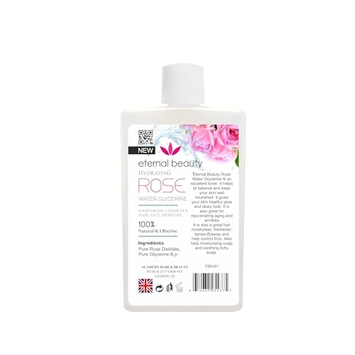 Rose Water with Glycerine 100% Natural Extracts of Fresh Roses Hydrating & Refreshing Facial Toner Skin & Hair Mist 100ml by Eternal Beauty