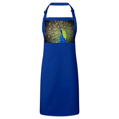 Tablier de cuisine bleu motif paon oiseau faisant la roue
