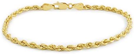 Nuragold 14k Yellow Gold 3mm Rope Chain Diamond Cut Bracelet or Anklet, Womens Mens Jewelry 7" 7.5" 8" 8.5" 9"