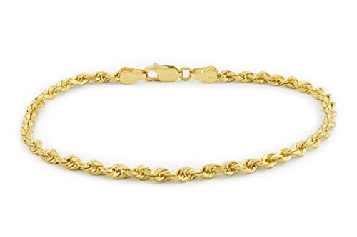 Nuragold 14k Yellow Gold 3mm Rope Chain Diamond Cut Bracelet or Anklet, Womens Mens Lobster Clasp 7  7.5  8  8.5  9 