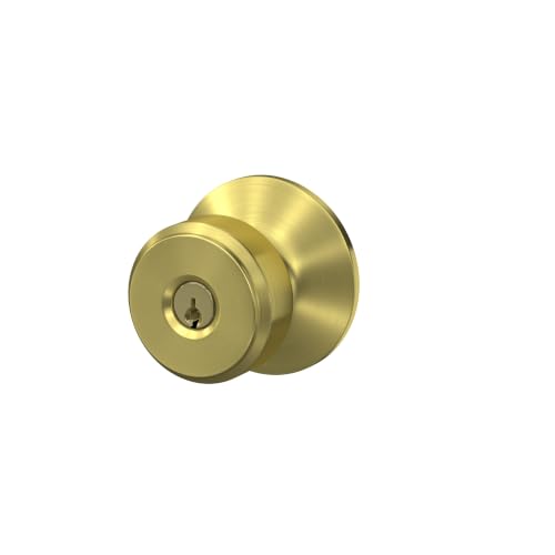 Image of SCHLAGE Bowery Keyed Entry Door Knob, Interior /Exterior, Satin Brass | Keyed entry door knob with turn-button lock, Easy to install, Certified security & durability, Universal fit, 2 keys
