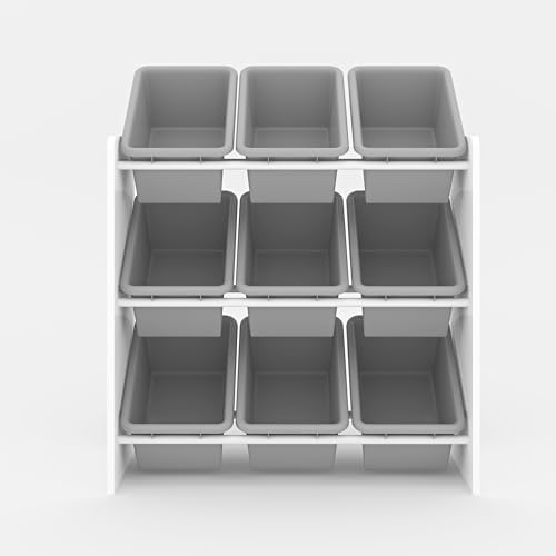 Duffy® Wooden Toy Storage Organiser for Children, with 9 BPA Free Plastic Removeable Storage Bins, Ideal for Storing Toys, Games, Books and Craft Supplies (White Wood With Grey Bins) - Image 3