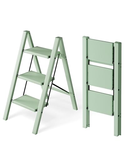 HillhutApex 3 Step Ladder Lightweight Portable 3 Step Stool with Anti-Slip Wide Pedal 330lbs Capacity Aluminum Ladder for Household Office Kitchen(Pale Green)