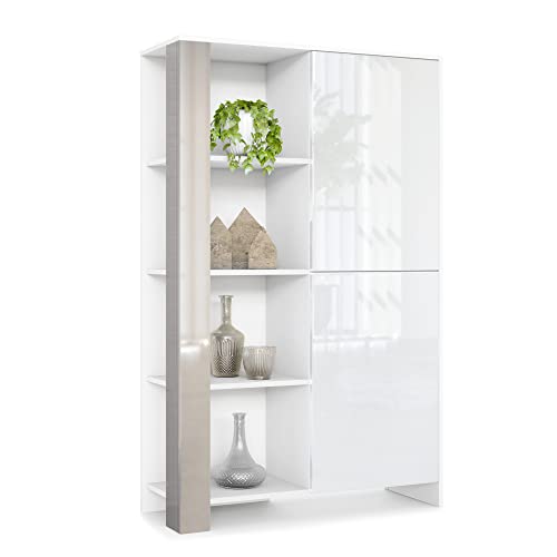 Vladon Buffet Haut Canto, Meuble Haut avec 2 Portes et 8 Compartiments, Corps Blanc Mat, façades Blanc Brillant, Panneaux décoratifs Gris Sable Haute Brillance (95 x...