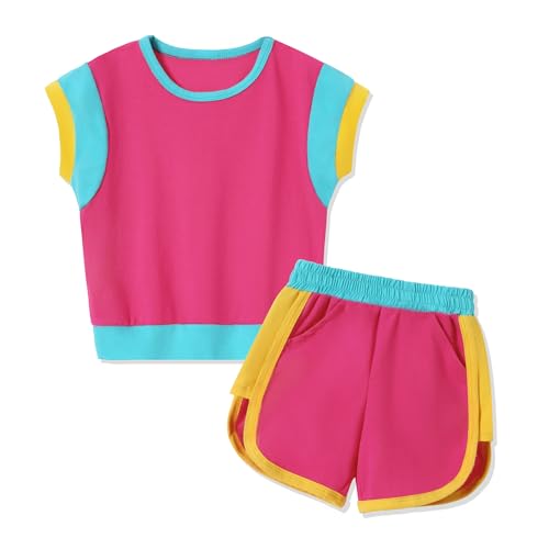 Image of SANMIO Toddler Girl Clothes Summer Toddler Girls Color Block Short Sleeve Shorts Sweatsuit Outfits 2 Piece Clothing Set