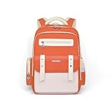 Kids Backpack for Kids, Lightweight Waterproof Orange White Backpack for School, Kindergarten Elementary School Students Boys & Girls Backpack with Safety Whistle and Includes a Detachable Waist Belt