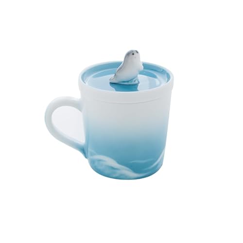 FLYILIA アザラシ マグカップ 手描き コーヒーカップ 和風 蓋付き 食洗機対応 電子レンジ対応 オーブン可 ティーカップ ミルクカップ モーリングカップ 3D立体 取っ手付き 手作り 陶磁器 可愛い 癒し系 インスタ映え 日常使い オフィス用 イン