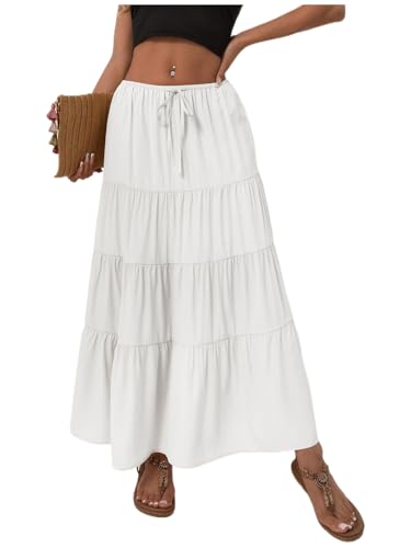 Women's Maxi Skirts Flowy Skirt Elastic High Waist Pleated A-Line Flared Long Skirts