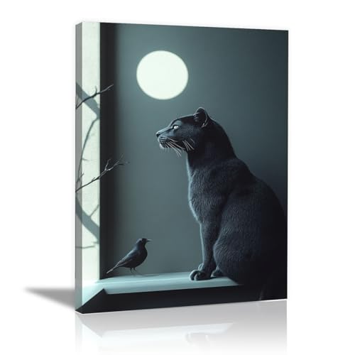 Toile minimaliste chat noir et oiseau affiche poétique chambre 70x100cm