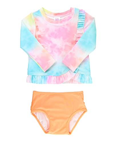 Image of RuffleButts Baby Girls Striped - Rash Guard 2-Piece Swimsuit UPF 50+ | Polyester Blend, Long Sleeve Top, Hipster Bottom, Adjustable Straps, Relaxed Fit, Unlined, Ruffle Trim, Machine Wash