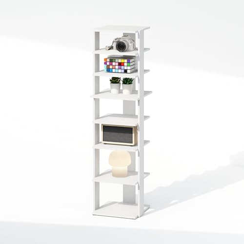 Image of Furinno Turn-N-Tube Corner Shelf, 8-Tier Display Rack, Vertical Corner Storage Rack, Space Saving Organization and Storage, Entryway, Living Room, Closet, White