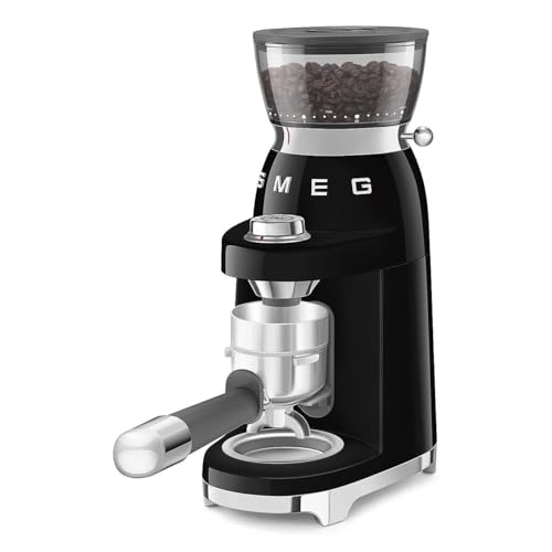 Image of SMEG CGF03 Burr Coffee Grinder, Electric Conical Burr Grinder with 15 Grind Settings, 8 Presets, 240g Bean Hopper, Espresso, Moka & Drip Coffee Grinder, 50's Retro Style (Black)