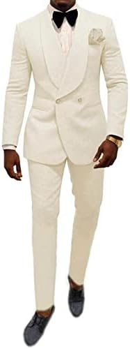 Men's Regular Fit Shawl Lapel Suit Patterned Wedding Tuxedos Prom Suits Jacket Pants Groomsmen Suit Ivory 40 Chest / 34 Waist
