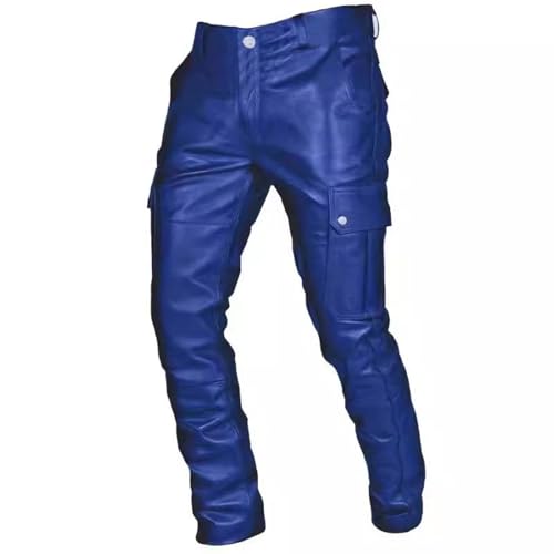 Men's Hip Hop Cargo Leather Pants Faux Leather Motorcycle Biker Pants Skinny Leather Trousers for Men