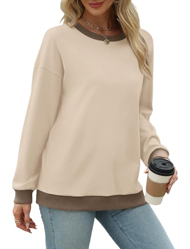 Image of Saloogoe Sweatshirts for Women Crewneck Long Sleeve Loose Fit Tops Color Block Ribbed Trim Fashion 2025