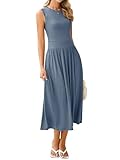 BerryGo Women's Summer Sleeveless 2025 Midi Dress Casual Modest High Waisted Boat Neck Ruched Flowy Maxi Dress Grey Blue M