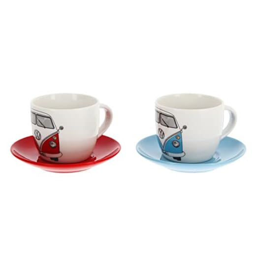 BRISA VW Collection - Volkswagen Furgoneta Hippie Bus T1 Van Set de 2 Tazas de Expreso de Porcelana (New Bone China) en Caja de regalo, Copas de café con platillos, Decoración de la Mesa (Rojo/Azul)